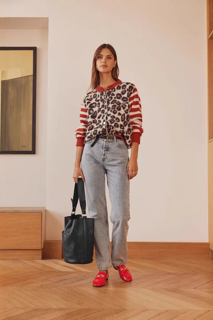 Leopard Print Contrast Cardigan Sweater