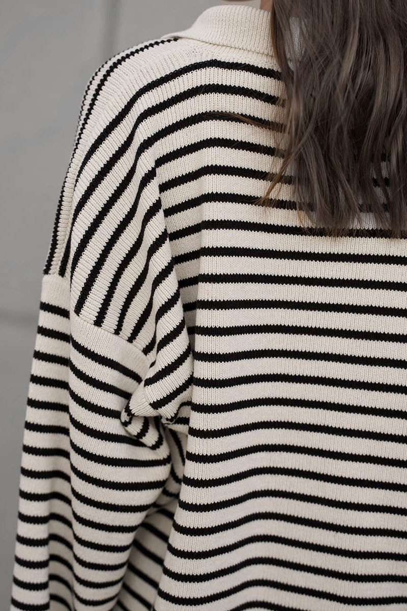 Striped Polo Neck Loose Fit Knit Sweater