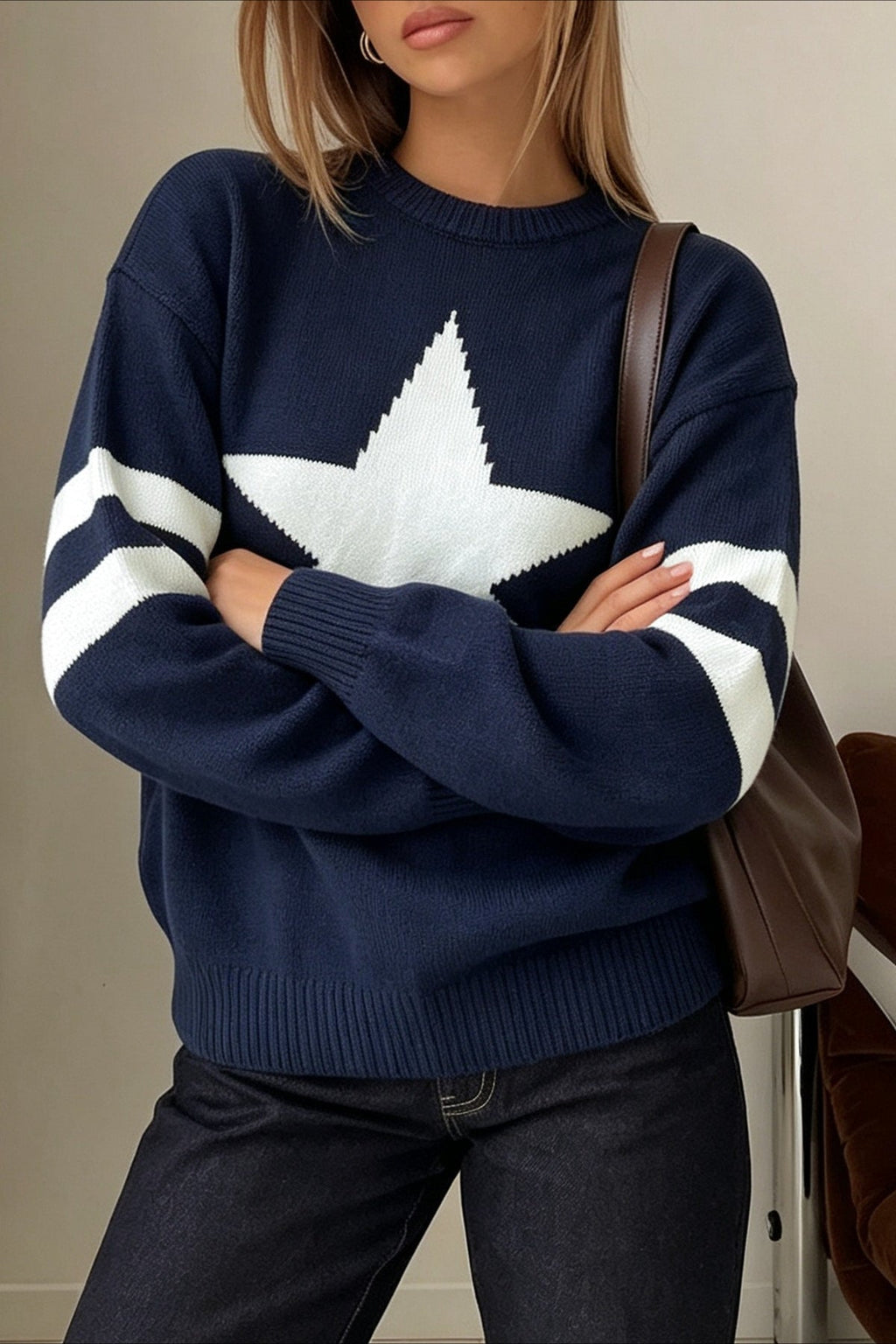 Star Motif Striped Sleeve Knit Sweater