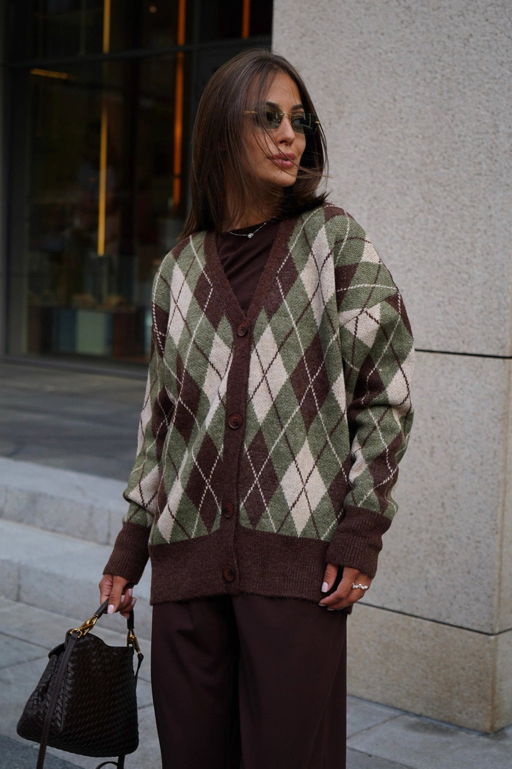 Thick Plaid V Neck Loose Long Sleeve Knit Cardigan