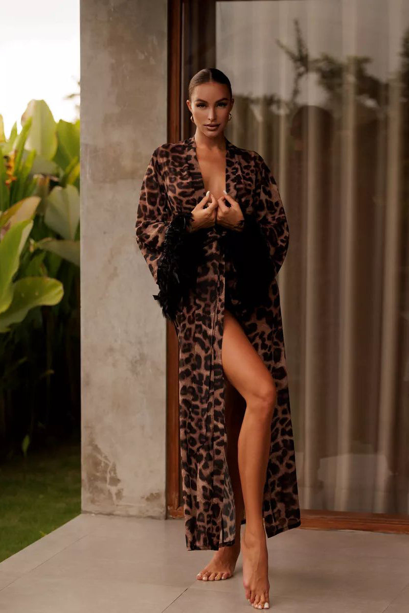 Stylish Leopard V Neck Slit Maxi Dress