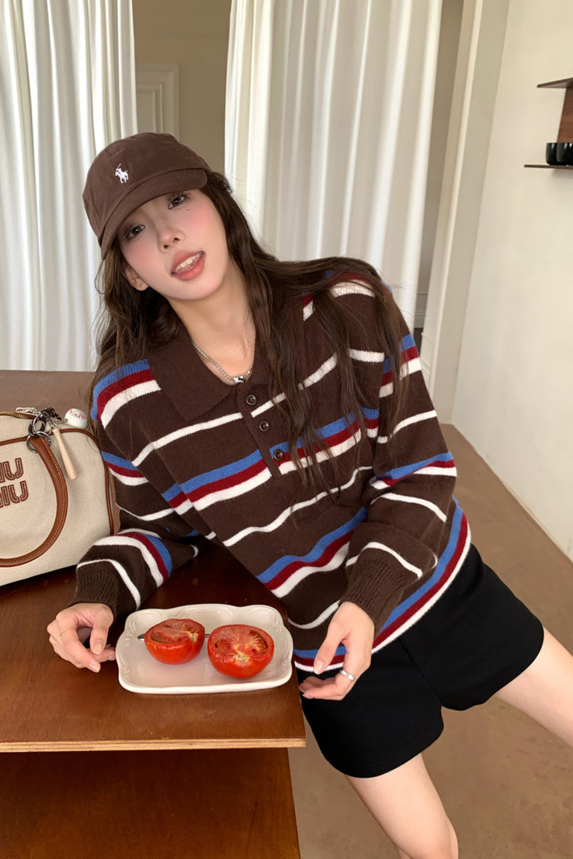 Stripe Polo Collar Relaxed Sweater
