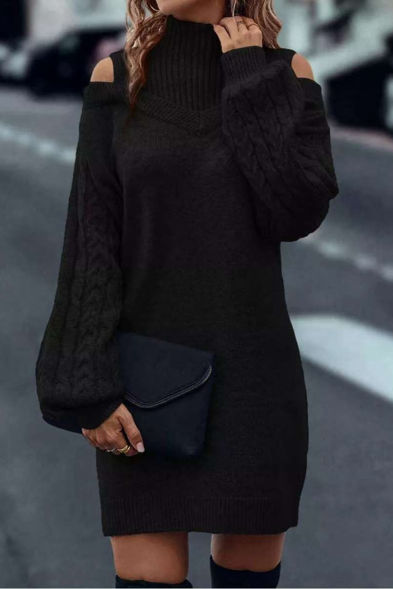 Cold Shoulder Turtleneck Balloon Sleeve Knit Sweater