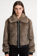 Rib Trim Cropped Faux Fur Bomber Coat