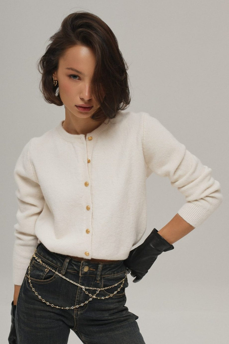 Minimalist Knitted Gold Buckle Crew Neck Cardigan