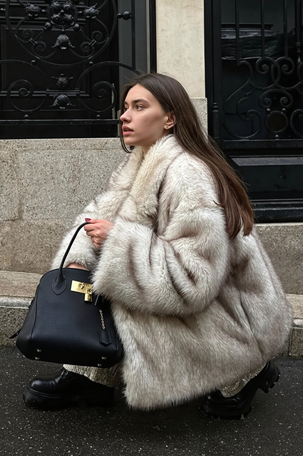 Wide Collar Mid Length Faux Fur Coat