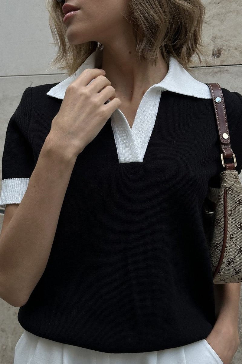 Contrast Collar Short Sleeve Polo Knit Sweater