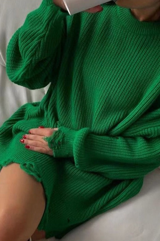 Distressed Longline Crew Neck Sweater