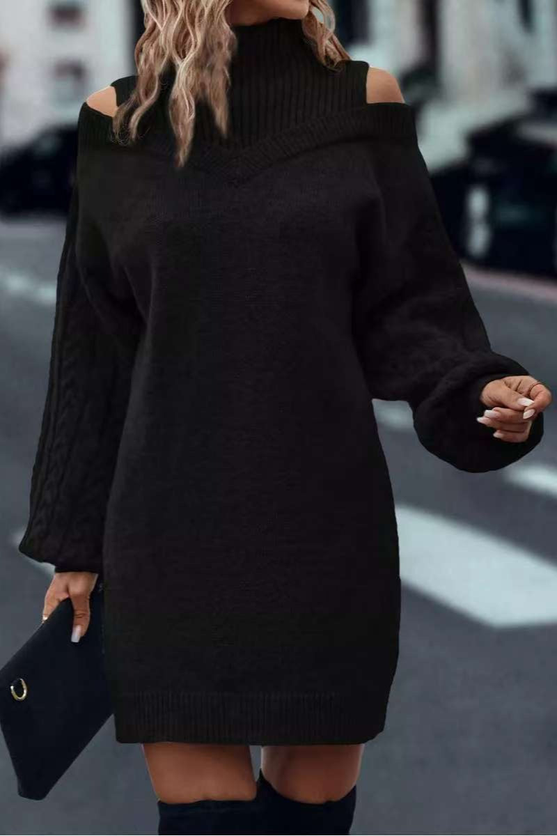 Cold Shoulder Turtleneck Balloon Sleeve Knit Sweater