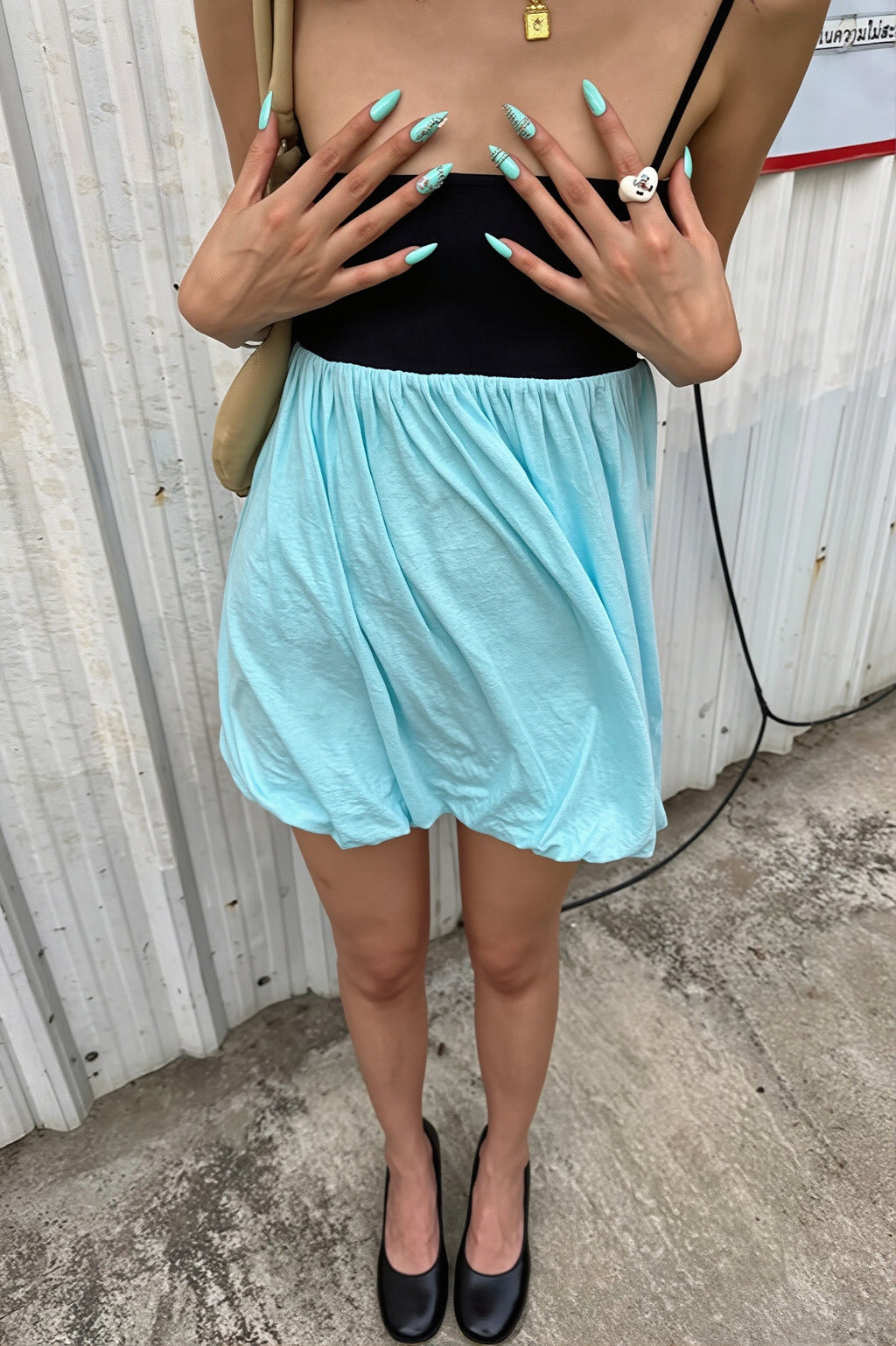 Contrast Bubble Skirt Spaghetti Mini Dress