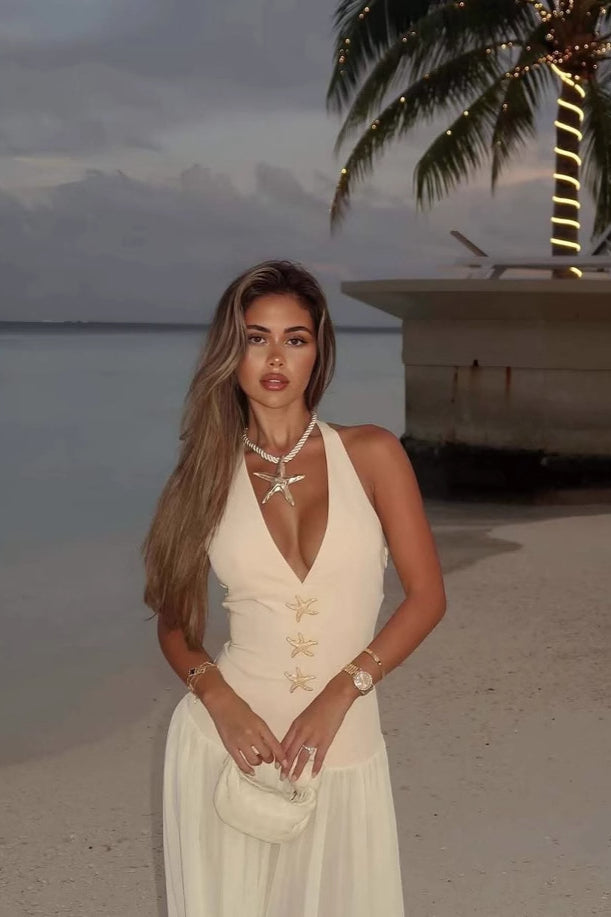 Tie Neck Deep V Bodycon Maxi Dress