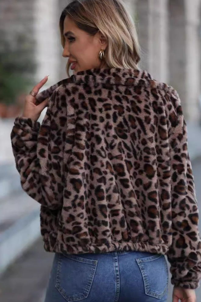 Cozy Leopard Print Zippered Fleece Coat
