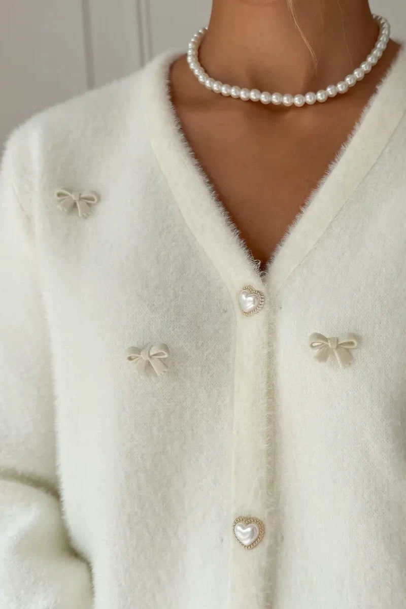 Fuzzy Bow Embellished V Neck Cardigan