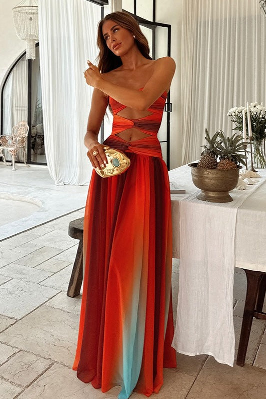 Twist Knit Hollow Shoulder Strapless Bodycon Maxi Dress