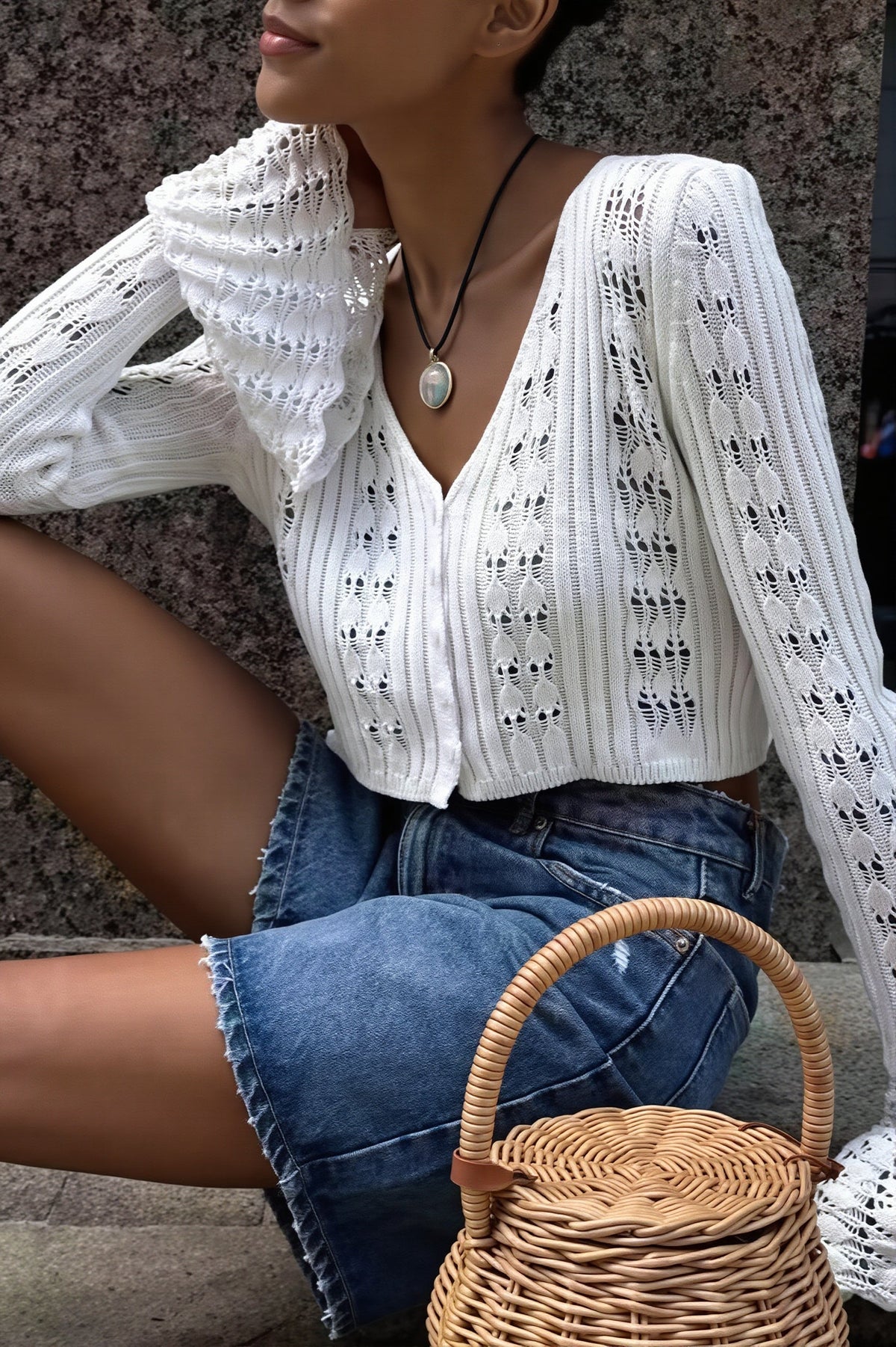 Openwork Flare Sleeve Cropped Cardigan