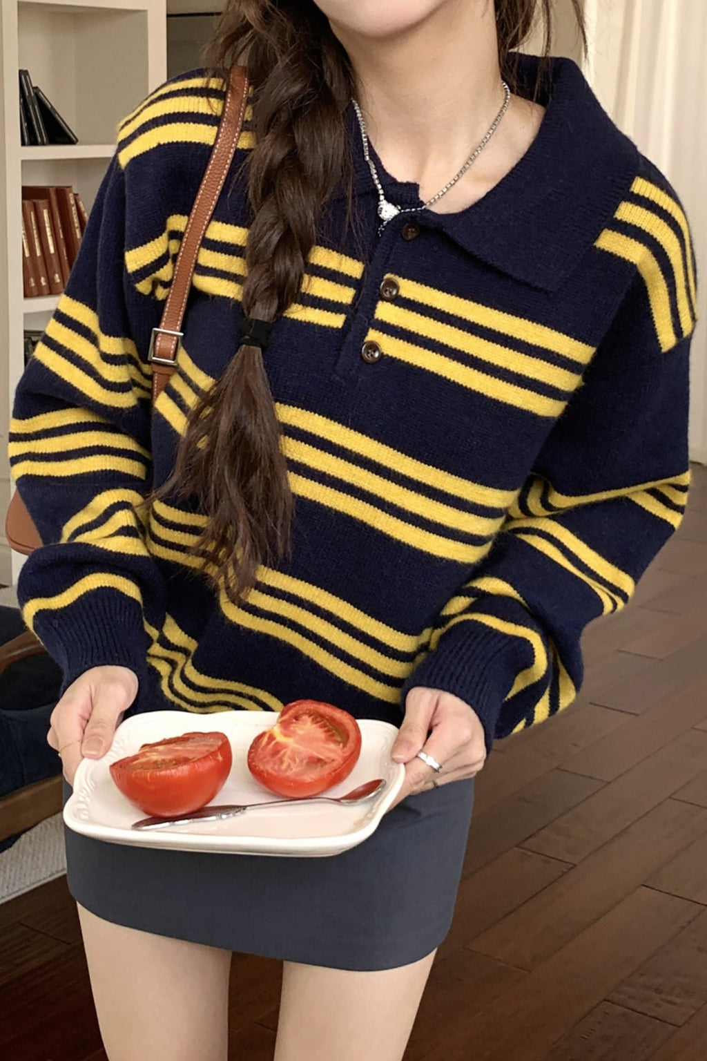 Stripe Polo Collar Relaxed Sweater
