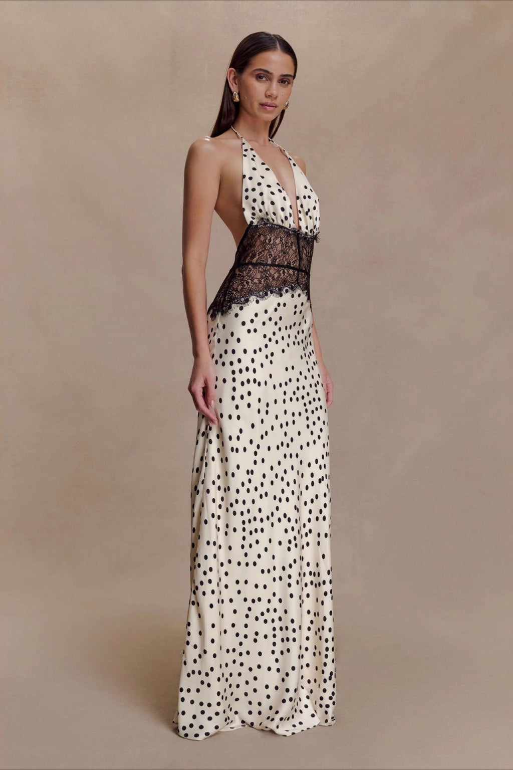 Polka Dot Lace Patchwork Deep V Backless Ruched Elegant Maxi Dress
