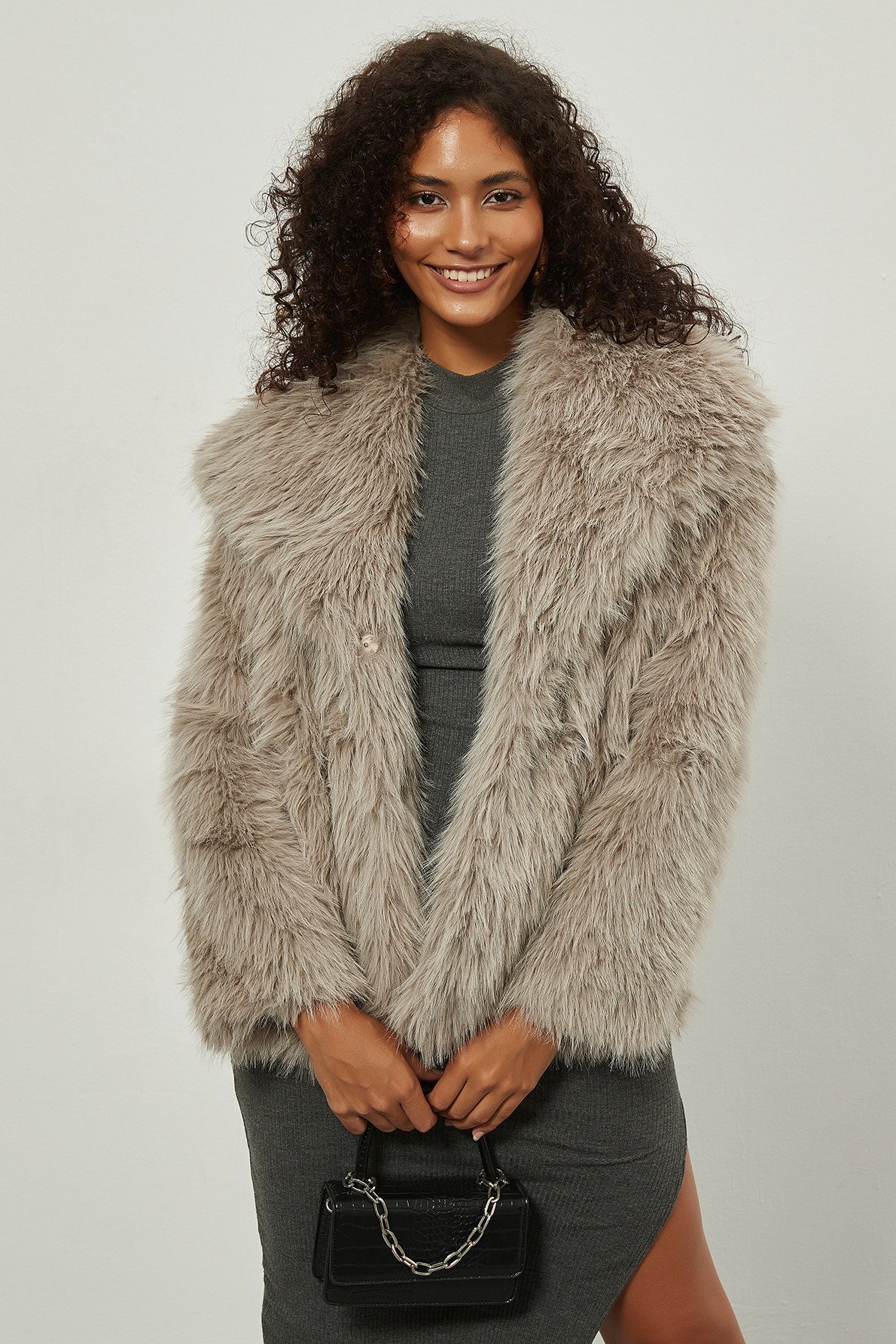 Faux Fur Notch Lapel Winter Coat