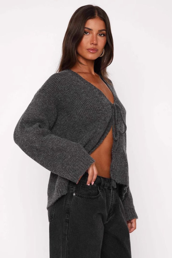 V-Neck Tie Front Knit Cardigan Sweater