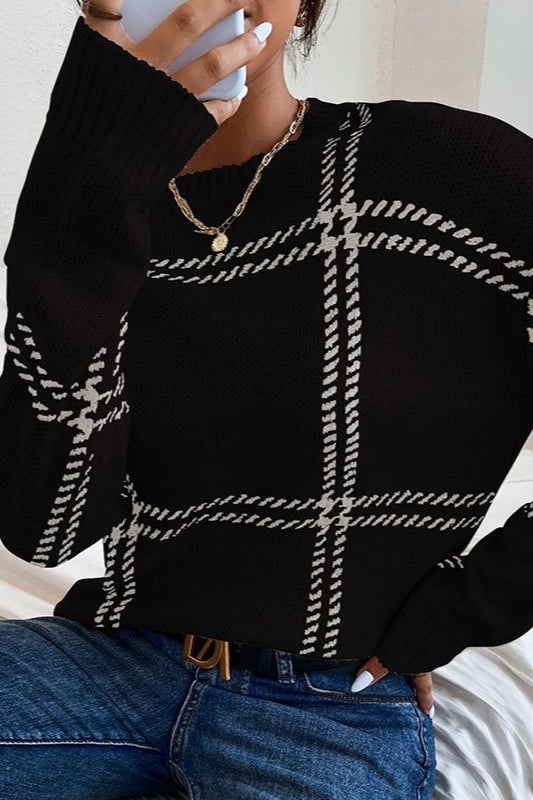 Plaid Crew Neck Relaxed Sweater