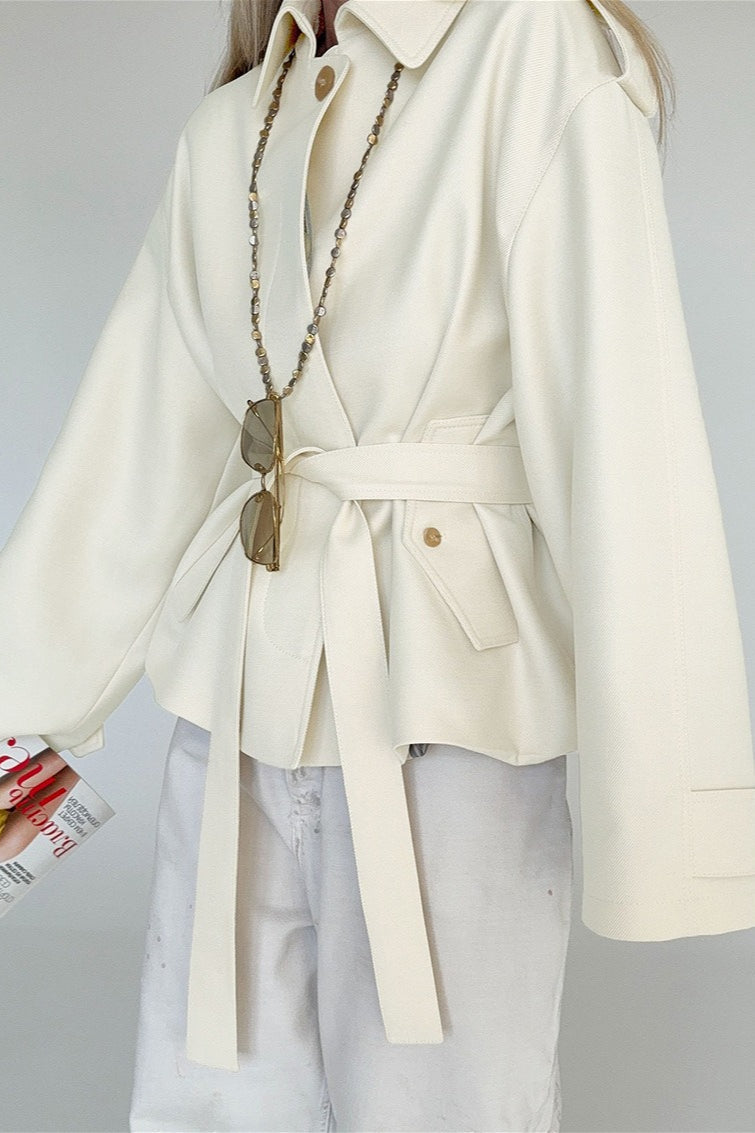 Point Collar Belted Short Trench Coat