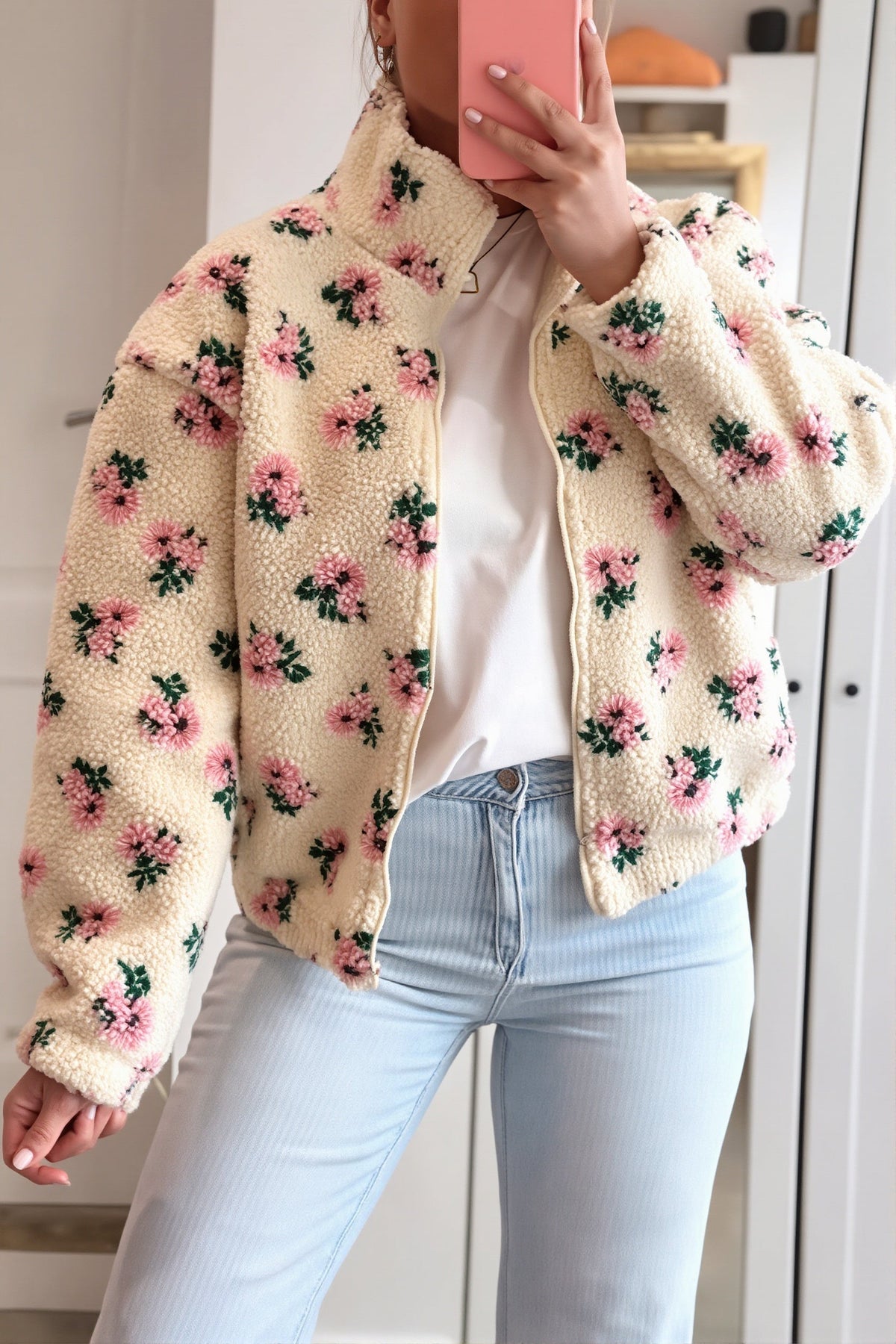 Floral Zip Front Sherpa Fleece Coat