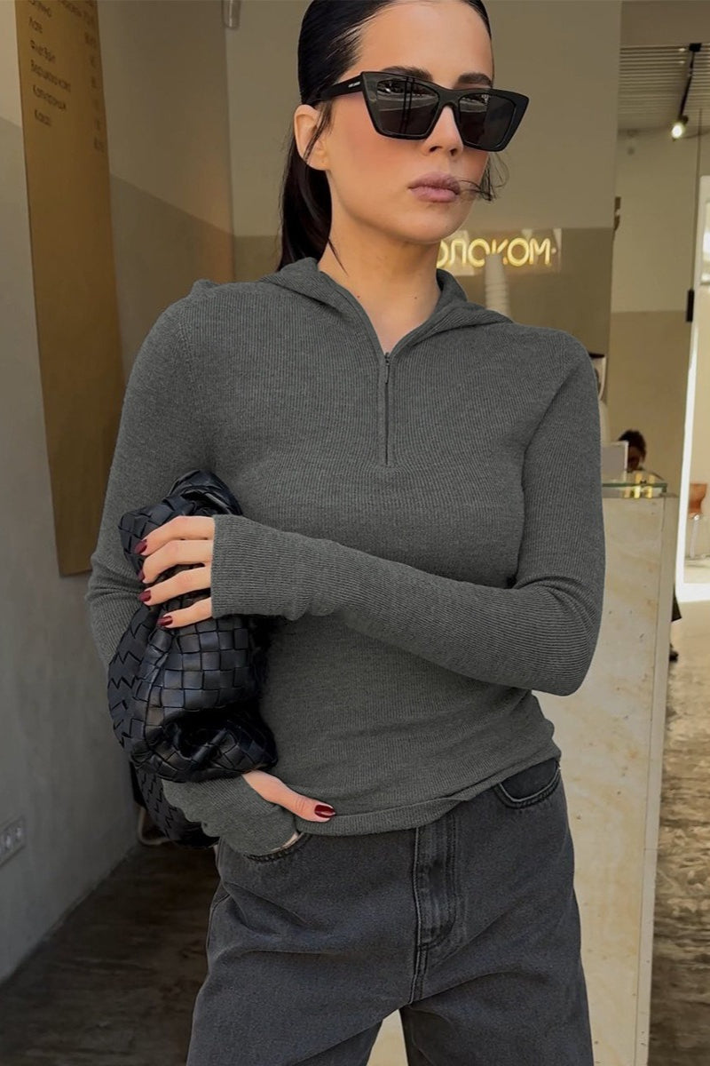 Hooded Quarter Zip Ribbed Knit Sweater