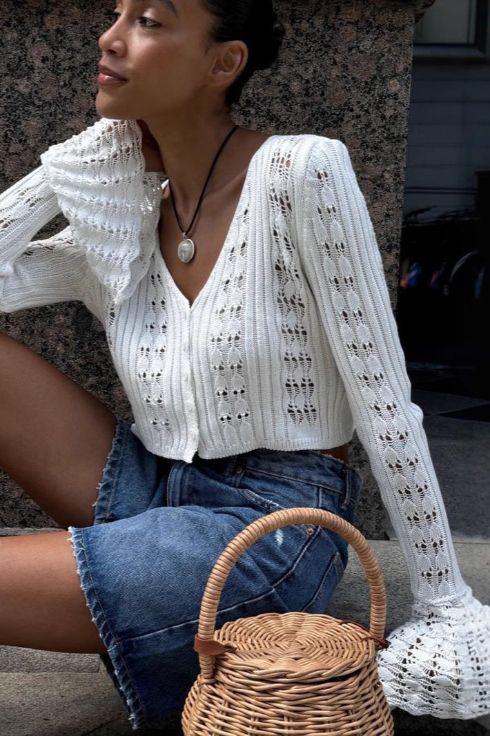 Hollow Out Knit V Neck Long Sleeve Cardigan