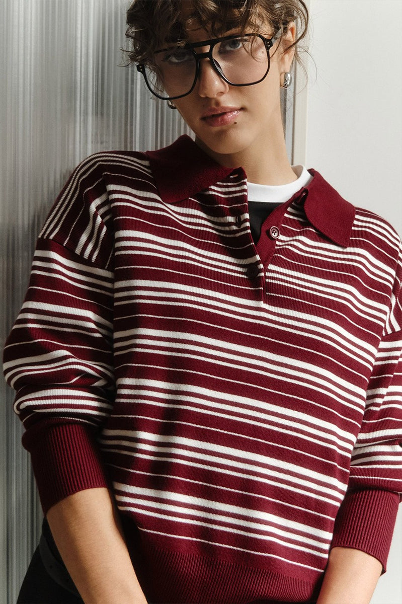 Vintage Striped Knit Polo Sweater