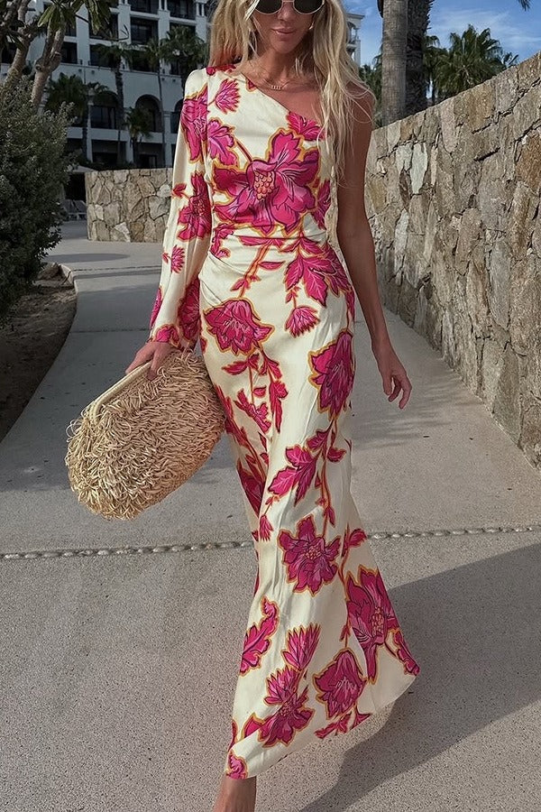 Satin Rose Print One-Shoulder Maxi Dress