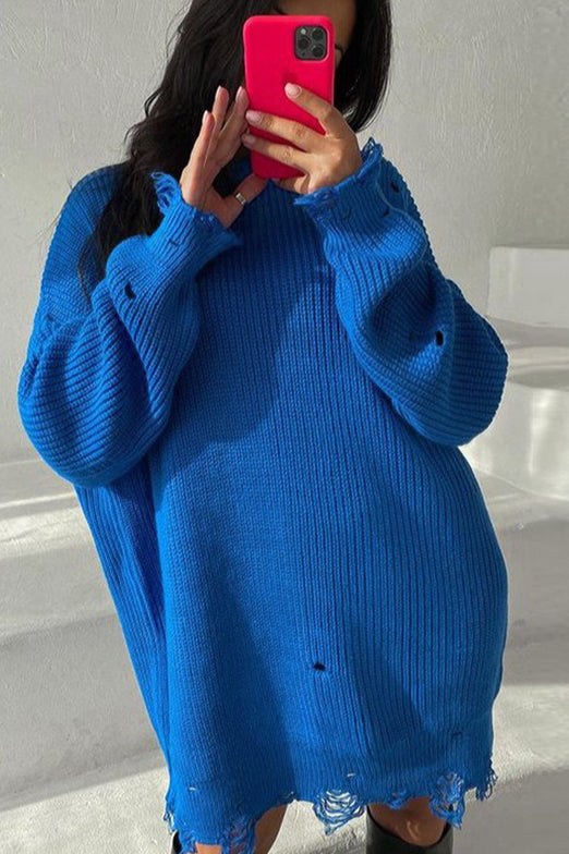 Distressed Longline Crew Neck Sweater