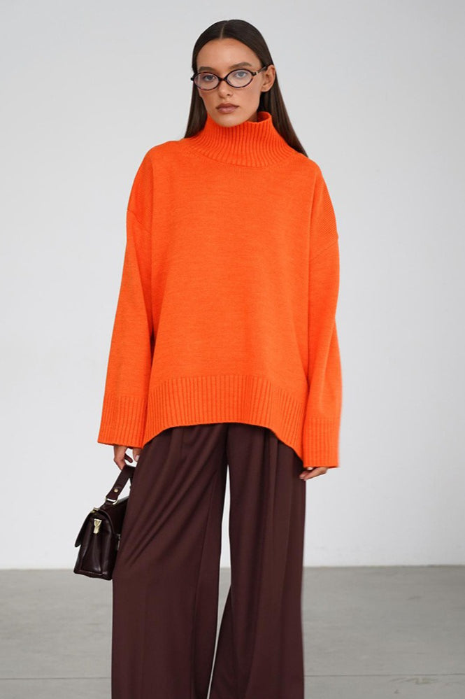 Oversized Turtleneck Rib Trim Knit Sweater