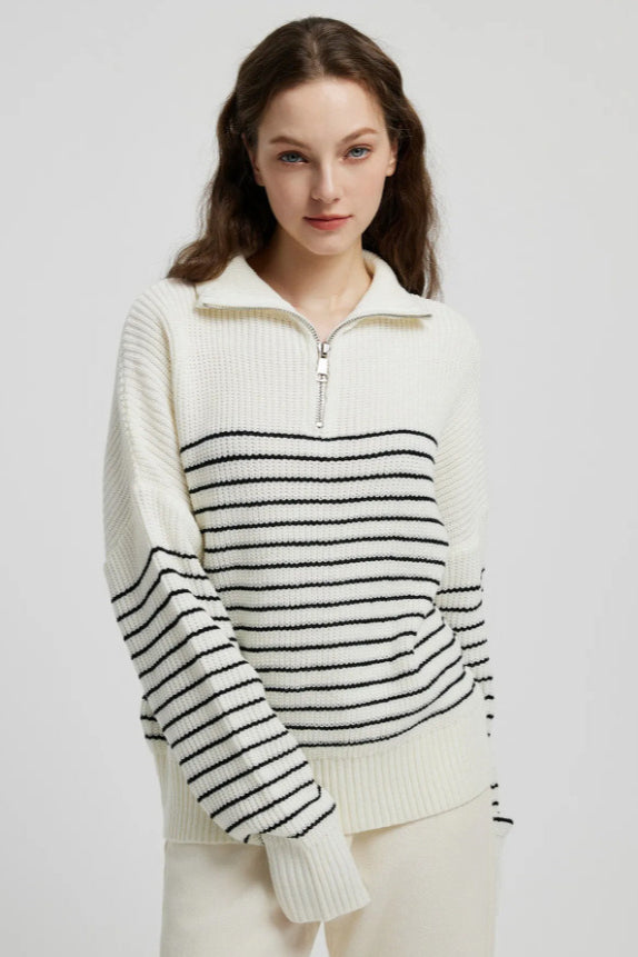 High Neck Striped Color Block Zip Pullover Sweater