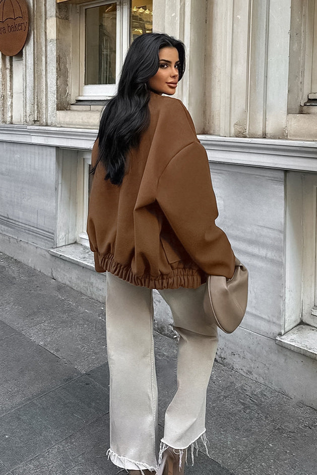 Stand Collar Melange Brown Wool Coat