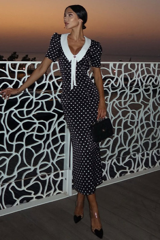 Polka Dot V-Neck Puff Sleeve Bodycon Maxi Dress