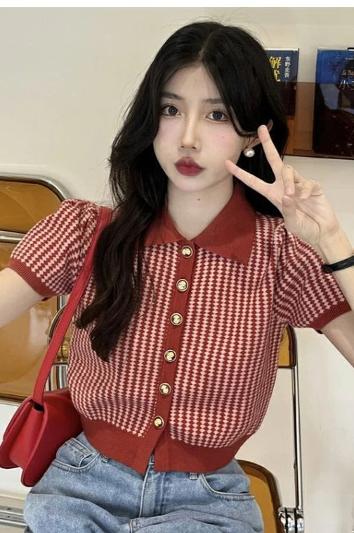 Thin Knit Turn-down Collar Short Sleeve Cardigan