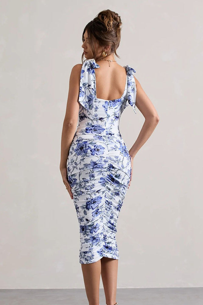 Vintage Floral Print Ruched Maxi Dress