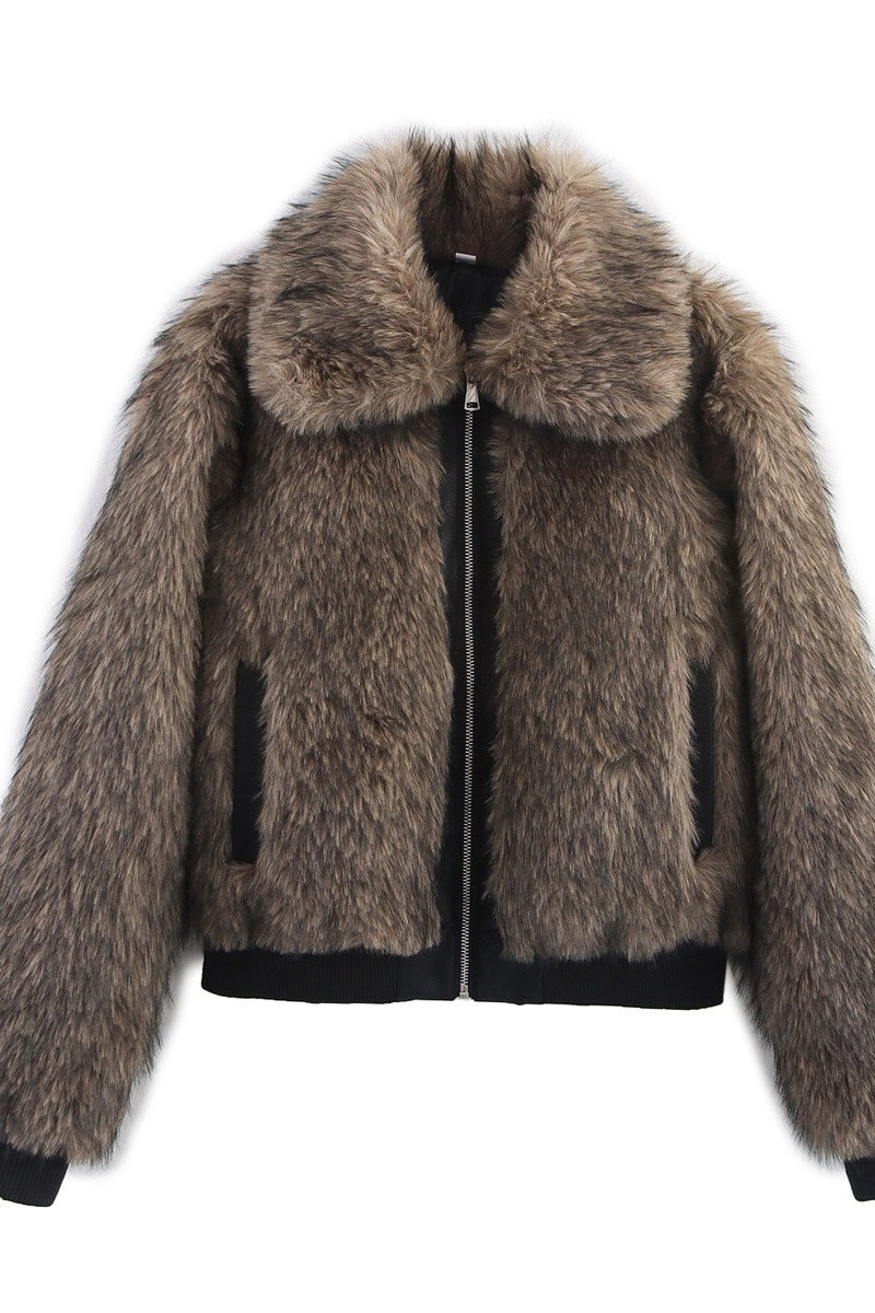Rib Trim Cropped Faux Fur Bomber Coat