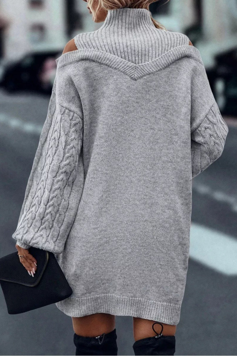 Cold Shoulder Turtleneck Balloon Sleeve Knit Sweater