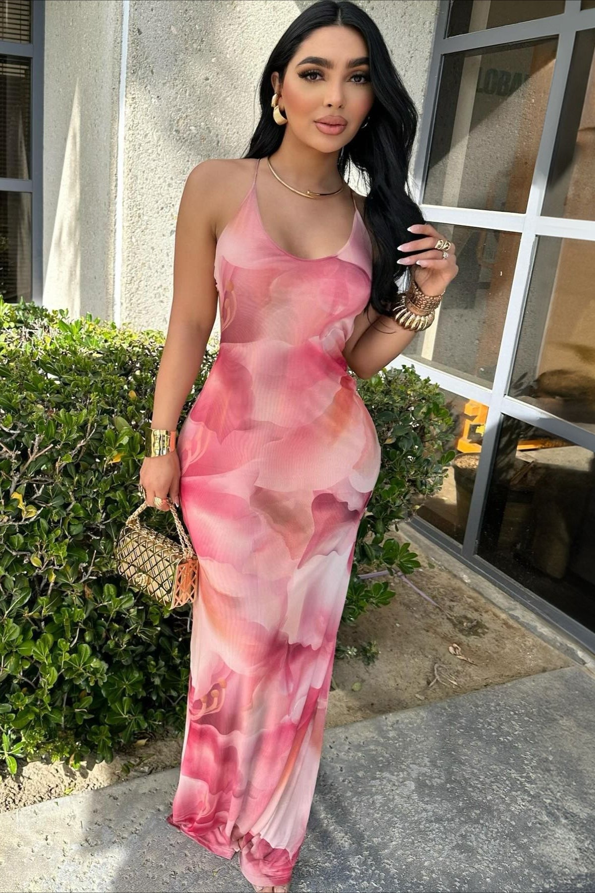 Floral Backless Ruched Bodycon Maxi Dress