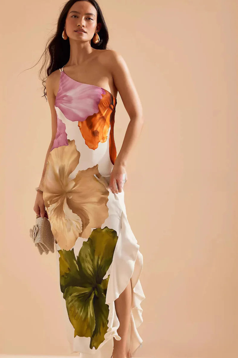 Ruffled One-Shoulder Flowing Suspender Maxi Dress