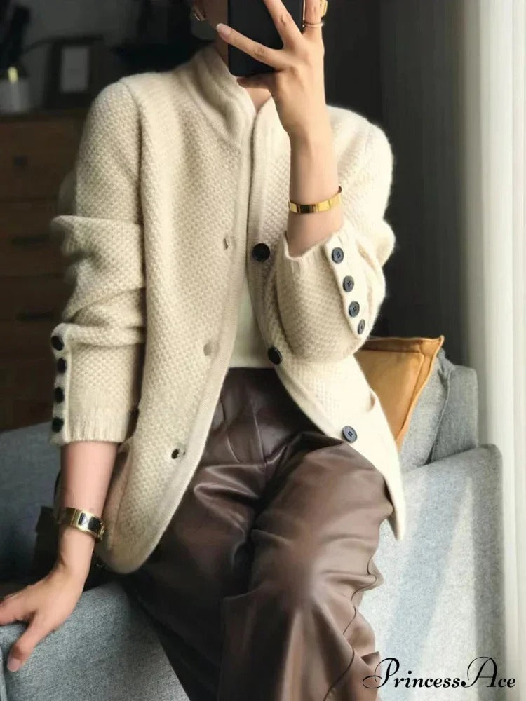 High-end Cashmere Wool Long Sleeve Half Collar Cardigan