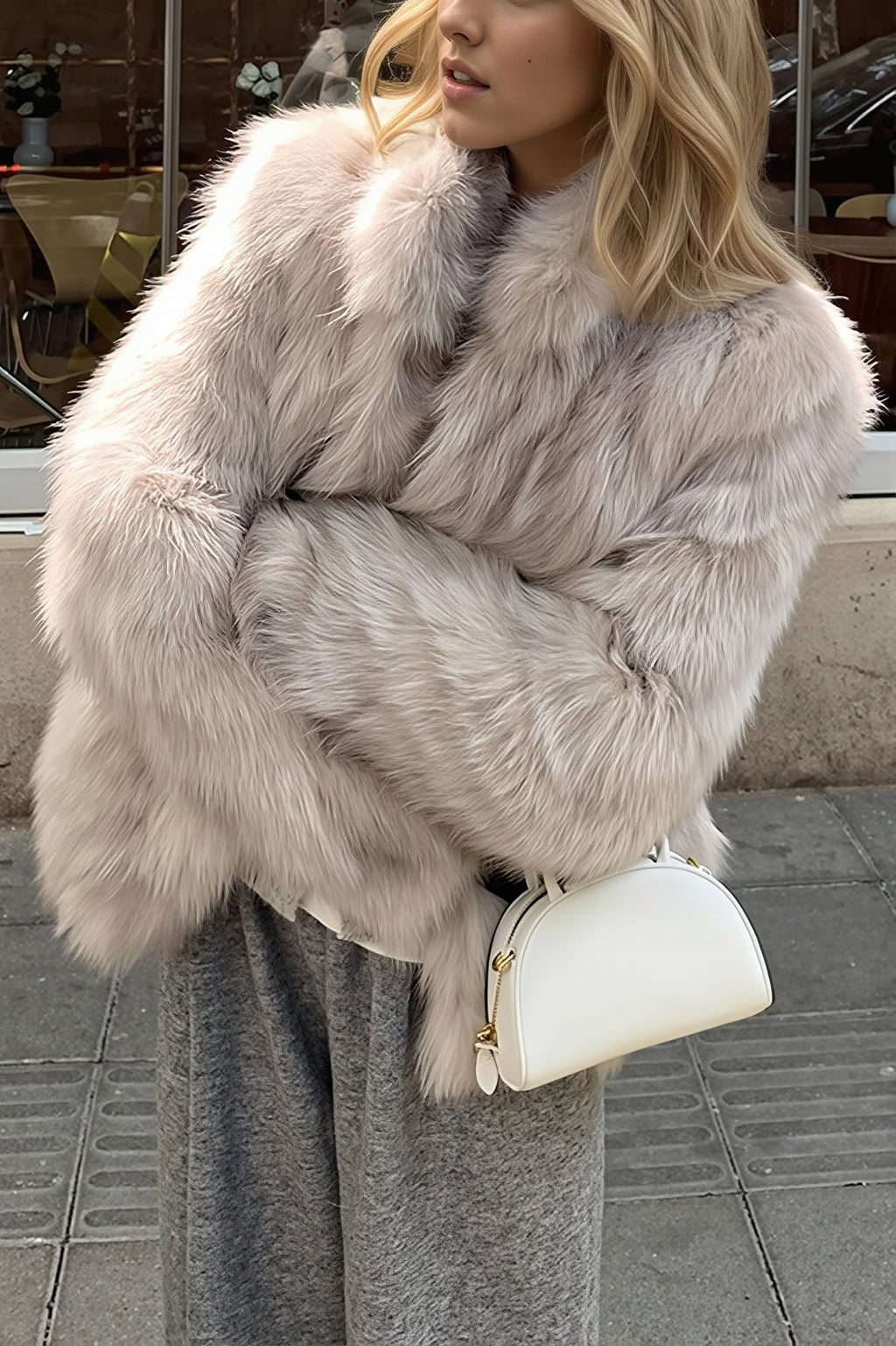 Stand Collar Straight Faux Fur Coat