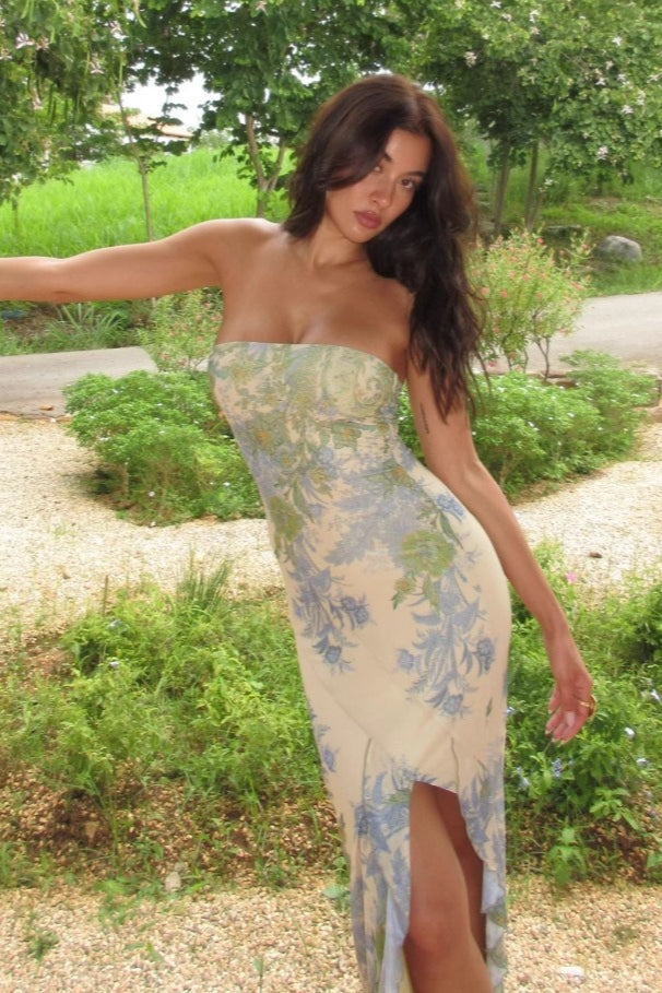Oil Painting Print Strapless Bodycon Waist-Cinched Split Maxi Dress