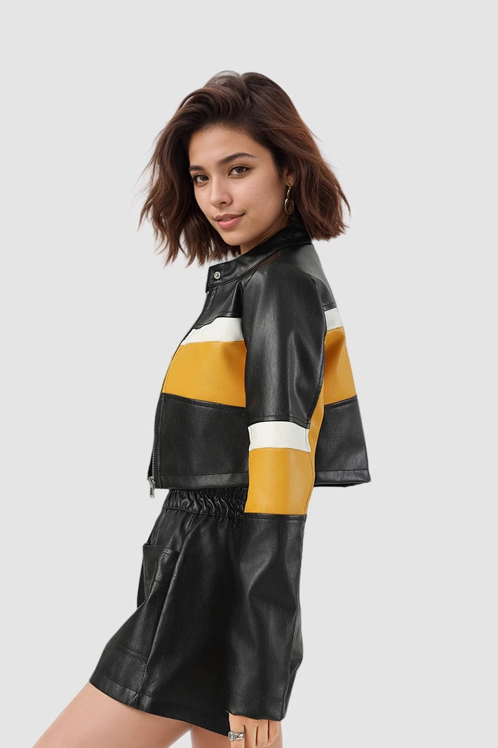 Color-Block PU Leather Biker Jacket