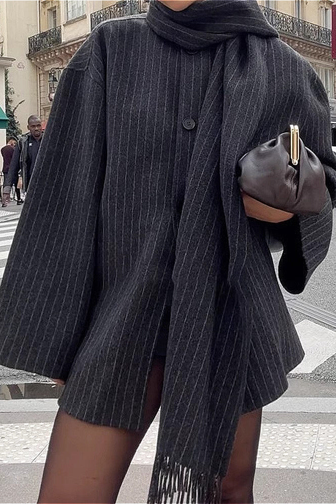 Striped Scarf Collar Tassel Loose Wool Coat