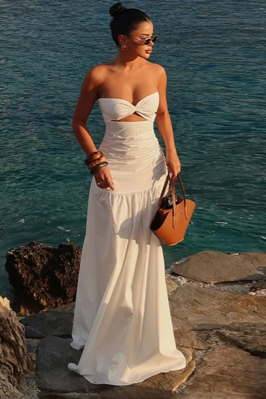 Mesh Strapless Hollow Colorblock Maxi Dress