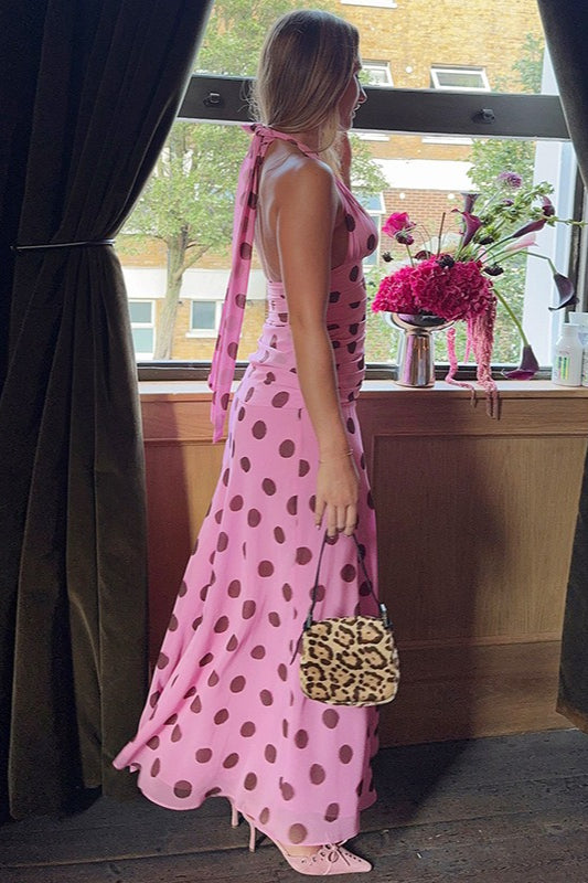 Vintage Polka Dot Halter V-neck Maxi Dress
