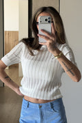 Openwork Short Sleeve Crew Neck Sweater