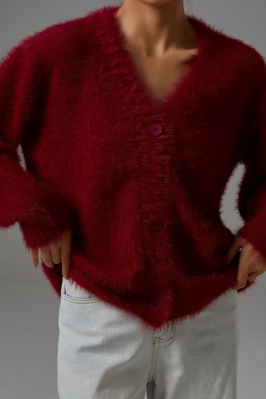 Faux Fur Blend V-Neck Cardigan